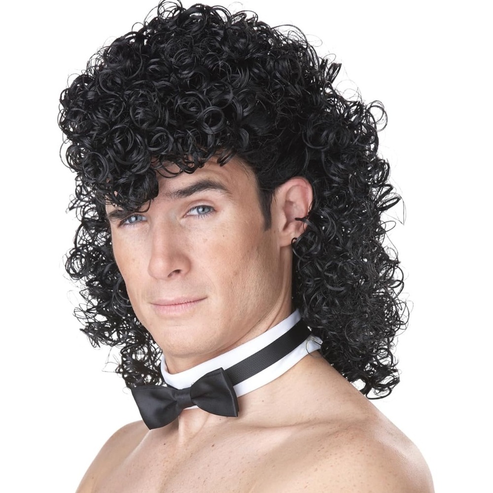 Black 80s curly wig with a bow tie